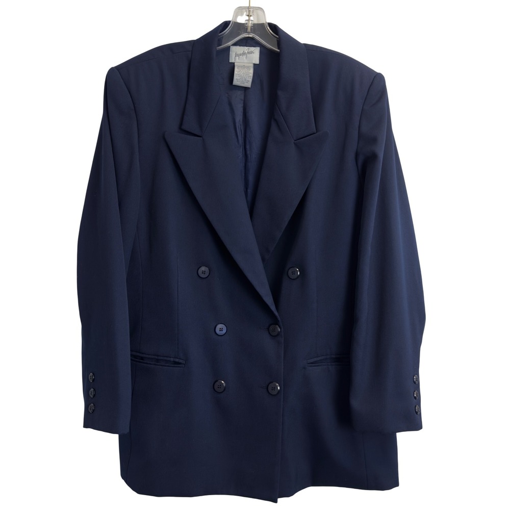Jacqueline Ferrar Womens 18 Navy Blue Double‎ Breasted Wool Blend Blazer Vintage